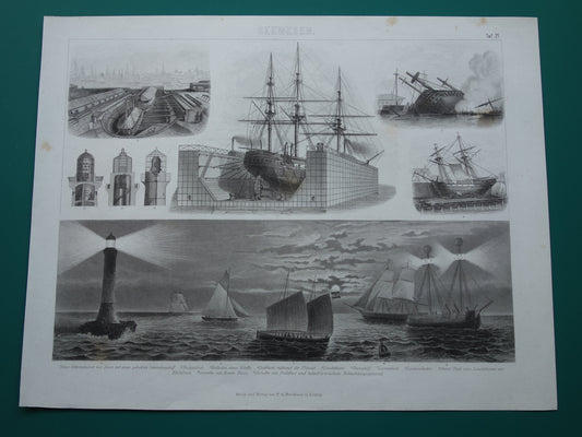 Scheepvaart oude prent van historische schepen originele antieke print maritieme geschiedenis vintage prints nr. 21