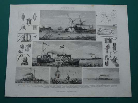 Oude scheepvaart prent historische schepen torpedo duiker duikersklok originele antieke print maritieme geschiedenis vintage prints nr. 22