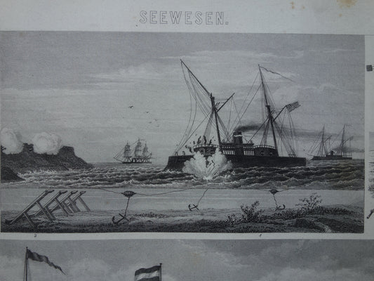 Oude scheepvaart prent historische schepen torpedo duiker duikersklok originele antieke print maritieme geschiedenis vintage prints nr. 22