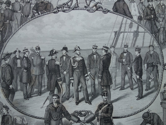 Marine oude prent van uniformen originele antieke print maritieme geschiedenis vintage prints nr. 24