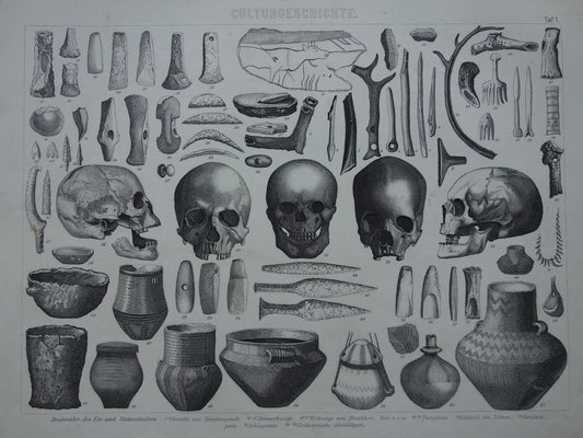 Oude geschiedenis prent over gebruiksvoorwerpen uit ijstijd en steentijd plus prehistorie schedels originele antieke print uit 1870