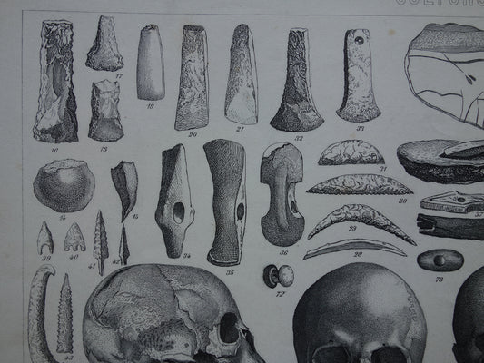 Oude geschiedenis prent over gebruiksvoorwerpen uit ijstijd en steentijd plus prehistorie schedels originele antieke print uit 1870