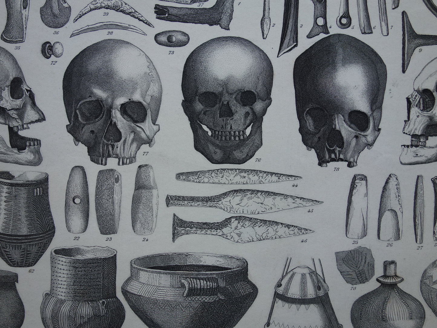 Oude geschiedenis prent over gebruiksvoorwerpen uit ijstijd en steentijd plus prehistorie schedels originele antieke print uit 1870