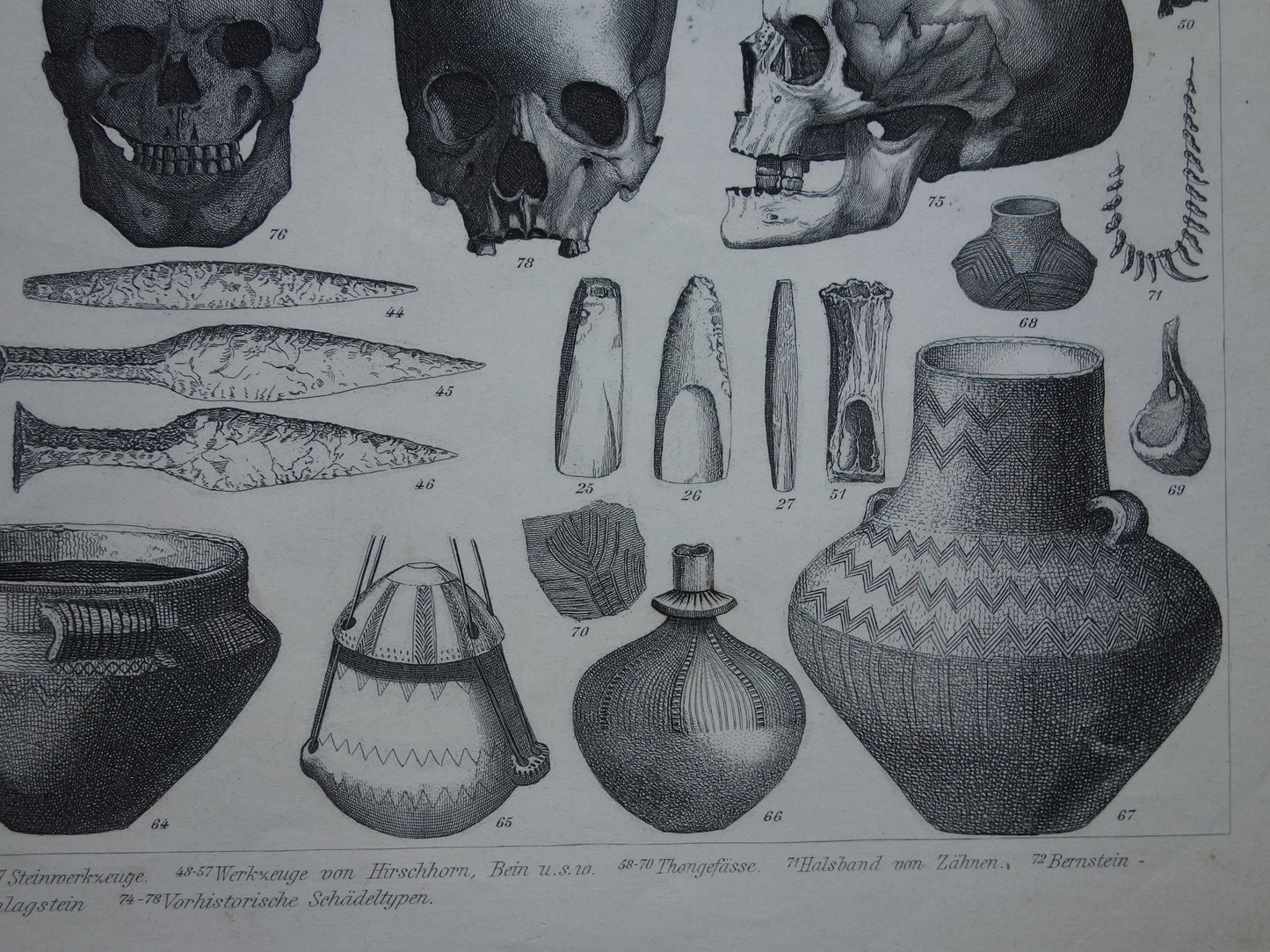 Oude geschiedenis prent over gebruiksvoorwerpen uit ijstijd en steentijd plus prehistorie schedels originele antieke print uit 1870