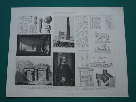 Oude prent over Egyptische beschaving 1870 originele antieke illustratie Egypte in de oudheid - Egyptologie geschiedenis prints