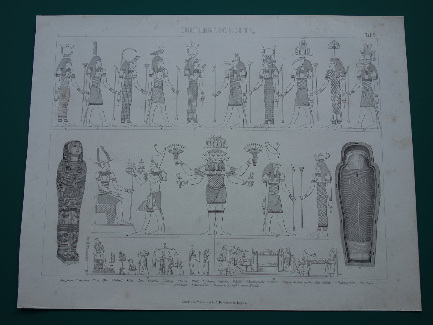 Oude prent over Egyptische Goden 1870 originele antieke illustratie Isis Horus Anubis in de oudheid - Egyptologie geschiedenis prints