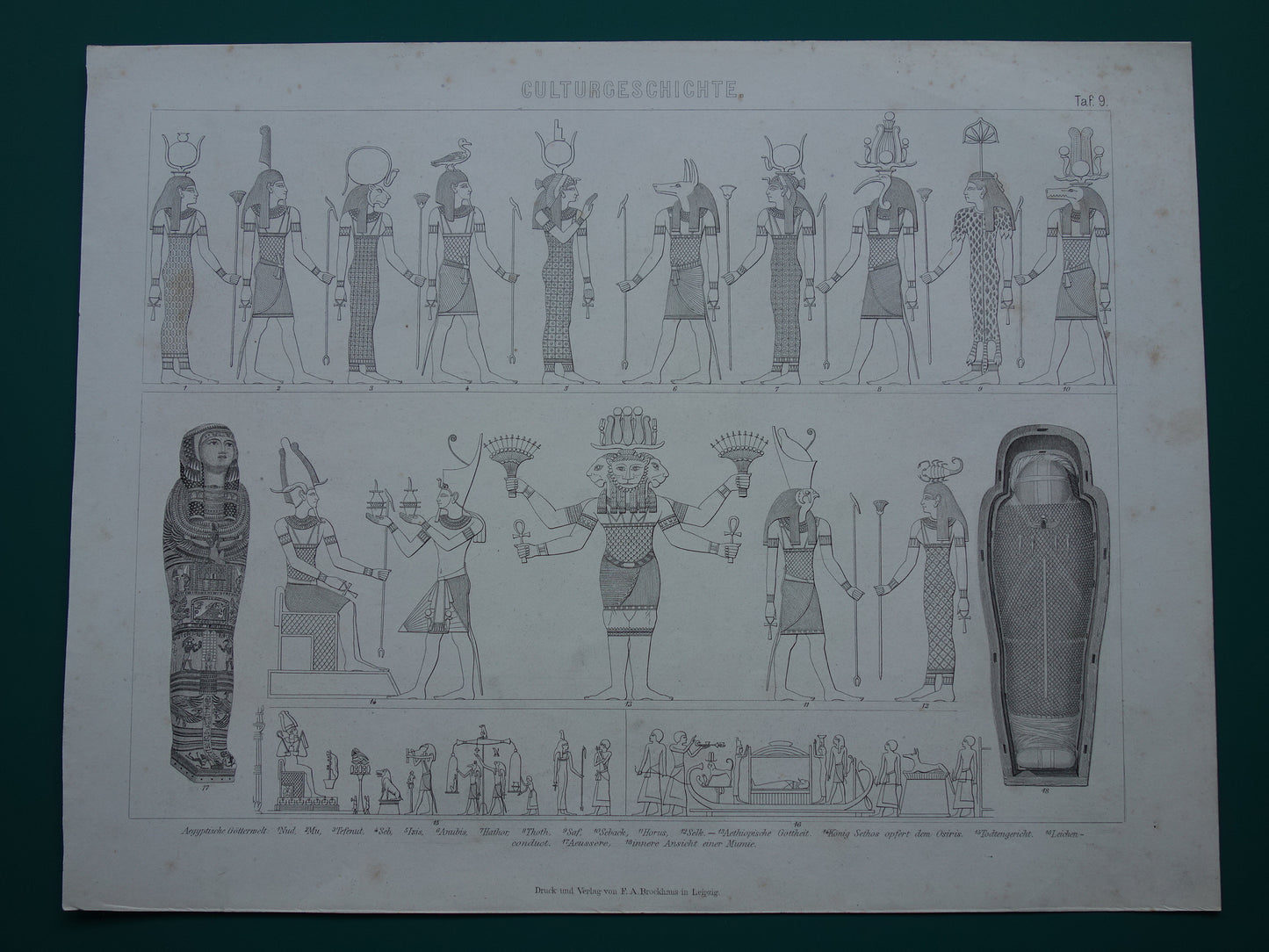 Oude prent over Egyptische Goden 1870 originele antieke illustratie Isis Horus Anubis in de oudheid - Egyptologie geschiedenis prints