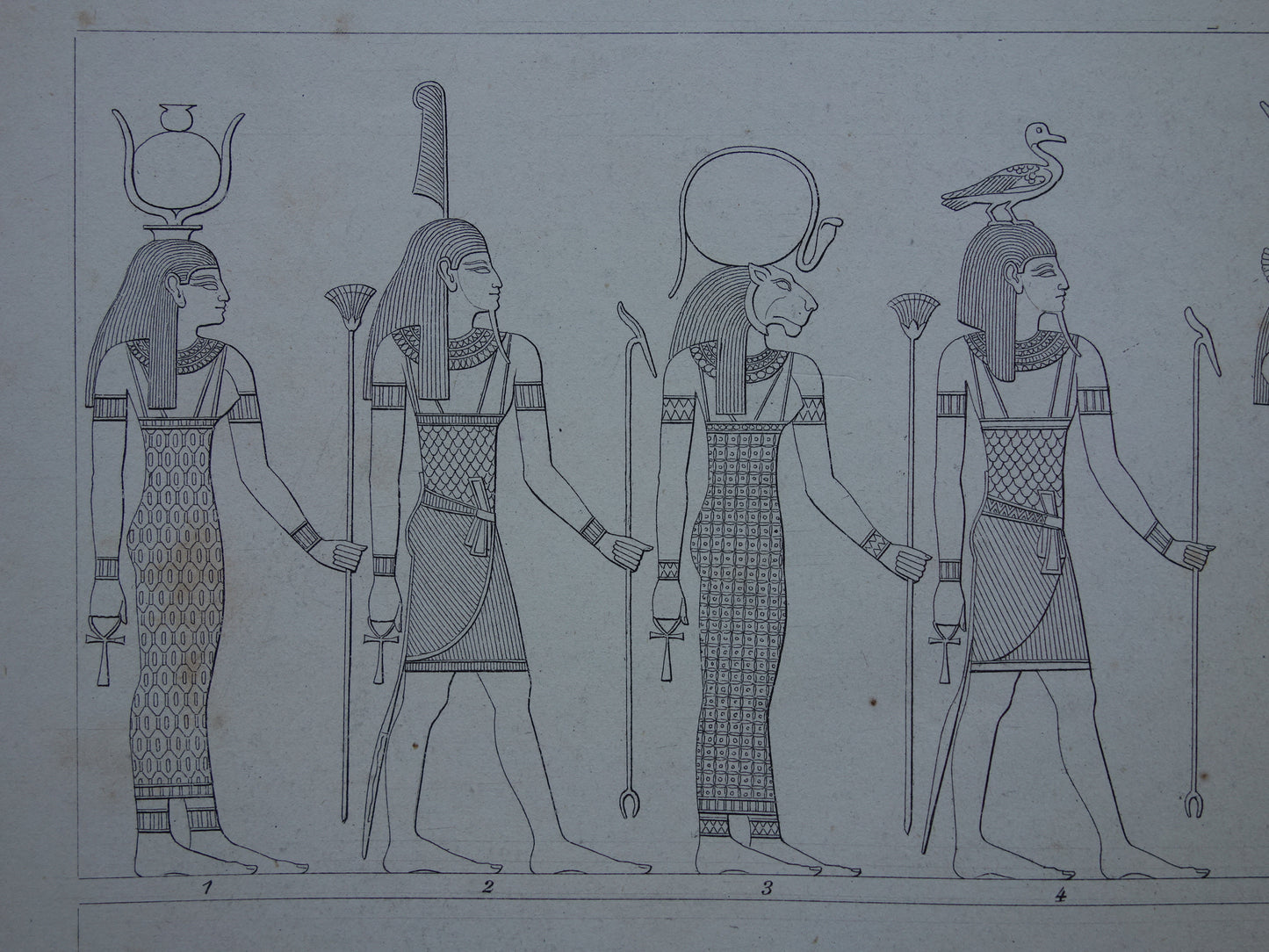 Oude prent over Egyptische Goden 1870 originele antieke illustratie Isis Horus Anubis in de oudheid - Egyptologie geschiedenis prints