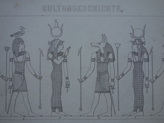Oude prent over Egyptische Goden 1870 originele antieke illustratie Isis Horus Anubis in de oudheid - Egyptologie geschiedenis prints
