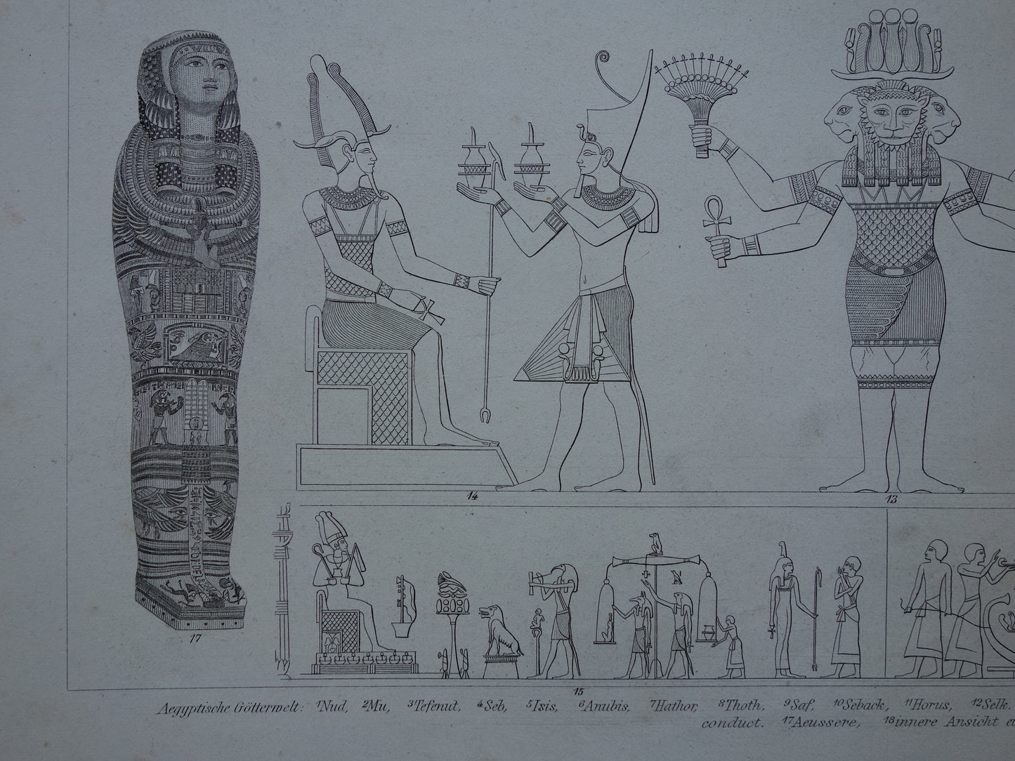 Oude prent over Egyptische Goden 1870 originele antieke illustratie Isis Horus Anubis in de oudheid - Egyptologie geschiedenis prints