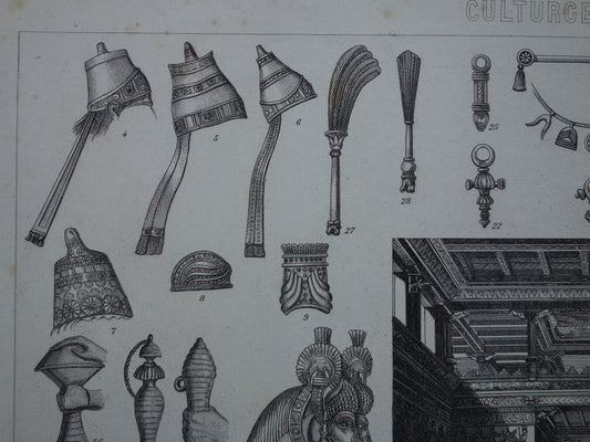 Oude prent over Assyrië 1870 originele antieke geschiedenis illustratie voorwerpen uit het Assyrische Rijk