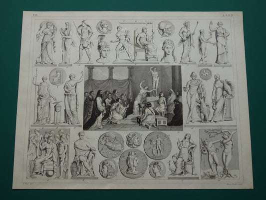 Vintage print van Griekse en Romeinse goden Originele antieke illustratie Mars Apollo Jupiter oude religie prent