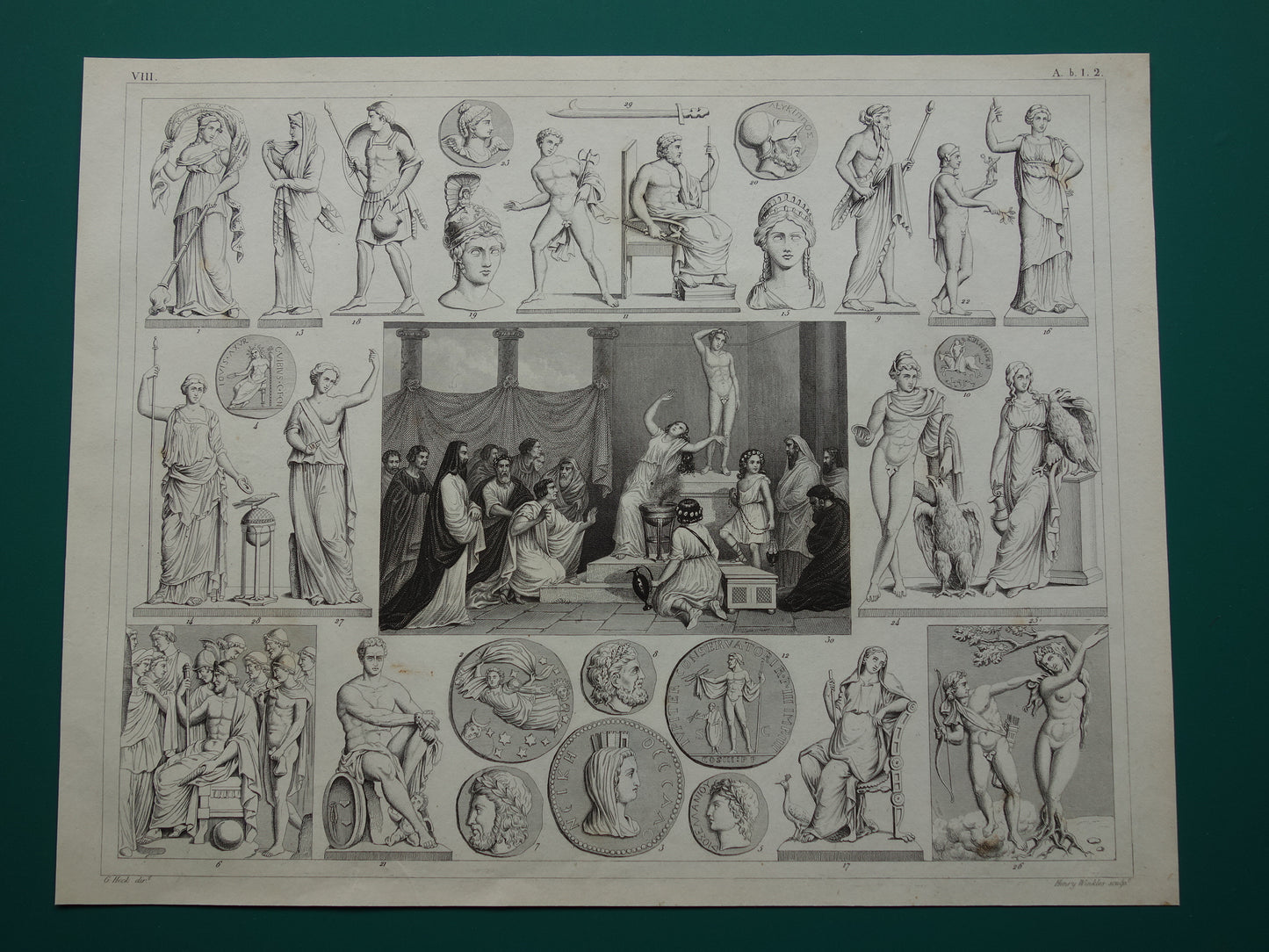 Vintage print van Griekse en Romeinse goden Originele antieke illustratie Mars Apollo Jupiter oude religie prent