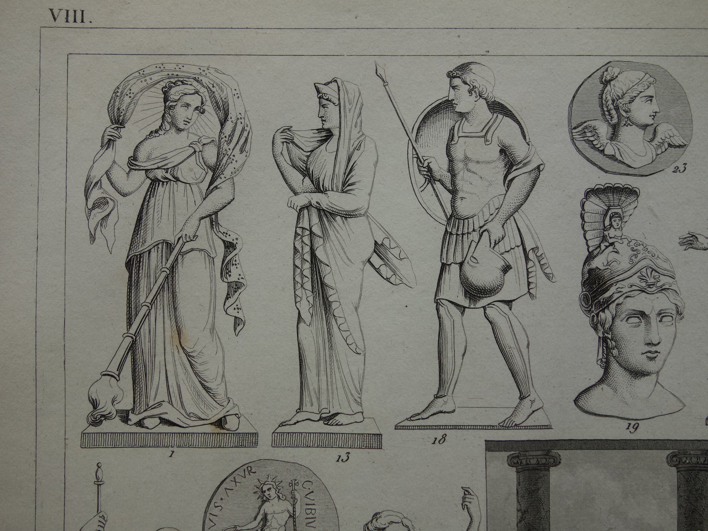 Vintage print van Griekse en Romeinse goden Originele antieke illustratie Mars Apollo Jupiter oude religie prent