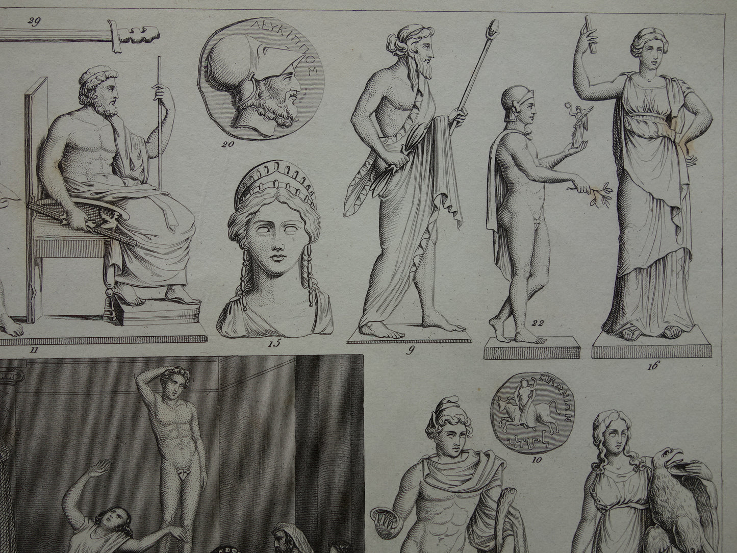 Vintage print van Griekse en Romeinse goden Originele antieke illustratie Mars Apollo Jupiter oude religie prent