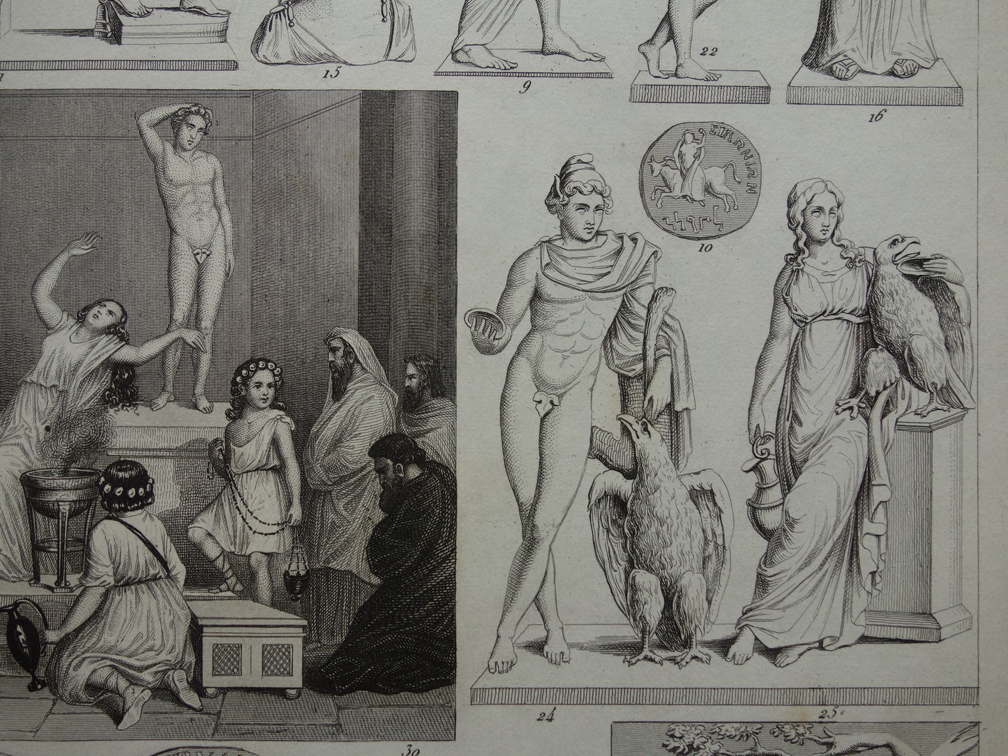 Vintage print van Griekse en Romeinse goden Originele antieke illustratie Mars Apollo Jupiter oude religie prent