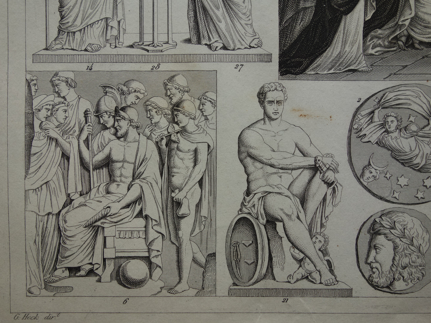 Vintage print van Griekse en Romeinse goden Originele antieke illustratie Mars Apollo Jupiter oude religie prent