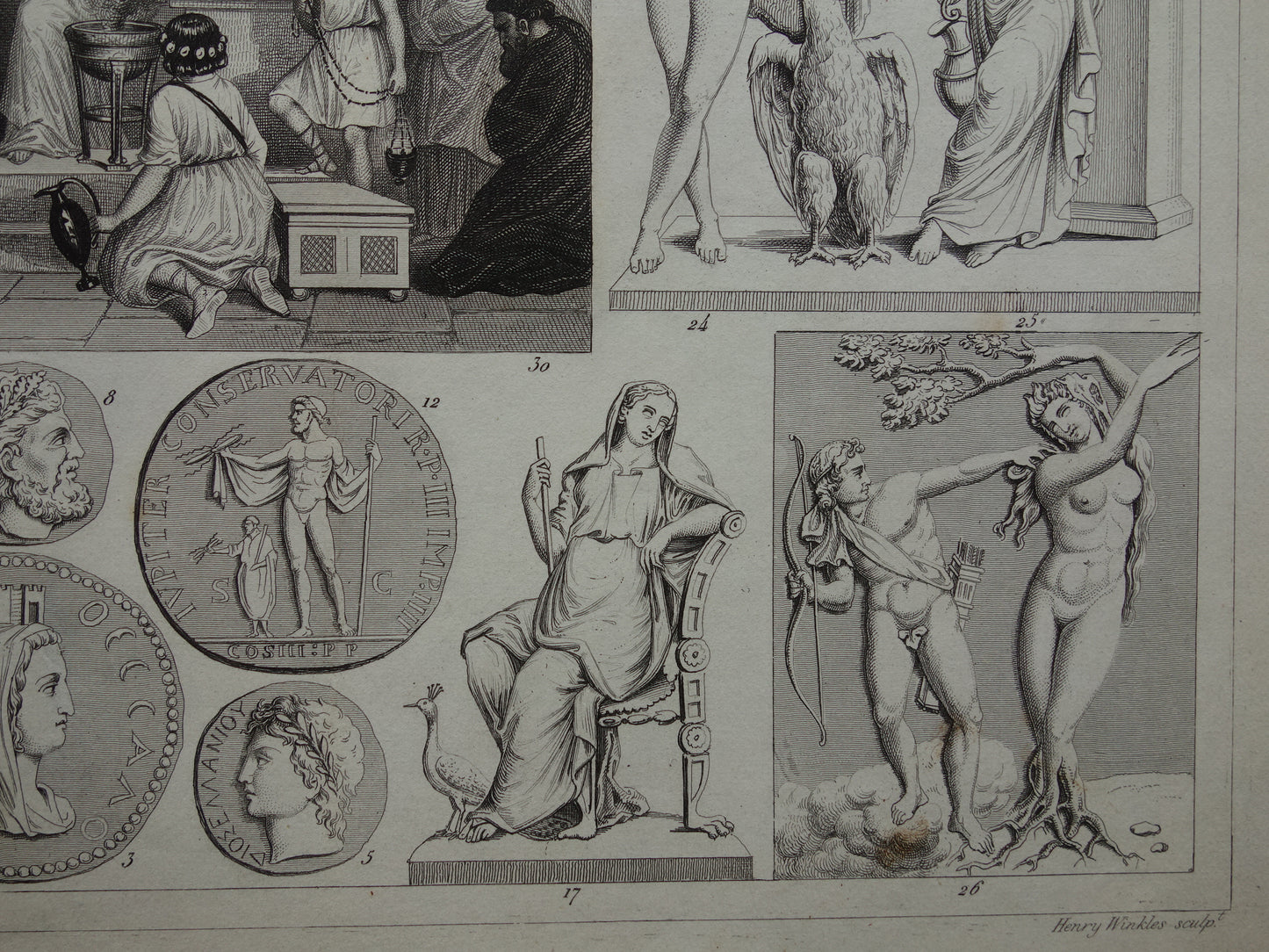 Vintage print van Griekse en Romeinse goden Originele antieke illustratie Mars Apollo Jupiter oude religie prent