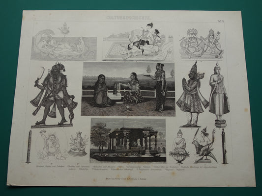 Oude prent over Oosterse religies 1870 originele antieke illustratie Hindoe goden Brahma Vishnoe Shiva vintage print Hindoeïsme