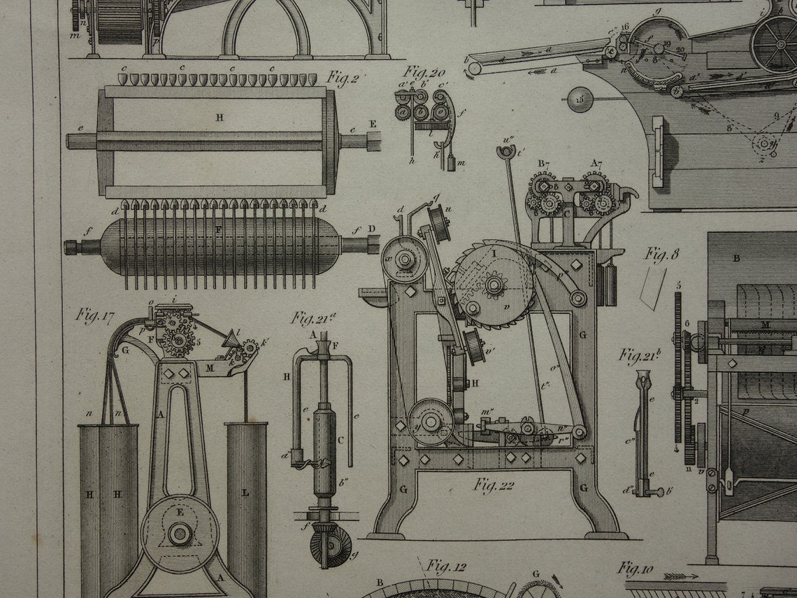 170+ jaar oude prent van katoen spinnen antieke wetenschap print over machines in spinnerij poster print