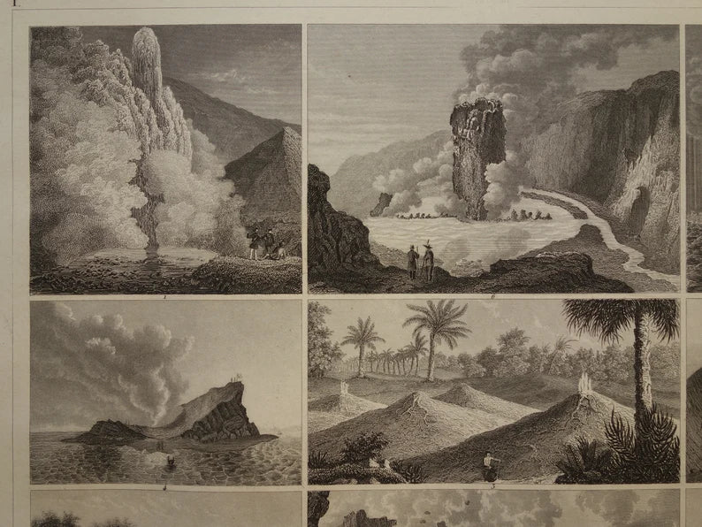 GEOLOGIE Set van drie antieke geologische prenten Watervallen Rotsformaties Geisers Grotten Oude vintage prent print