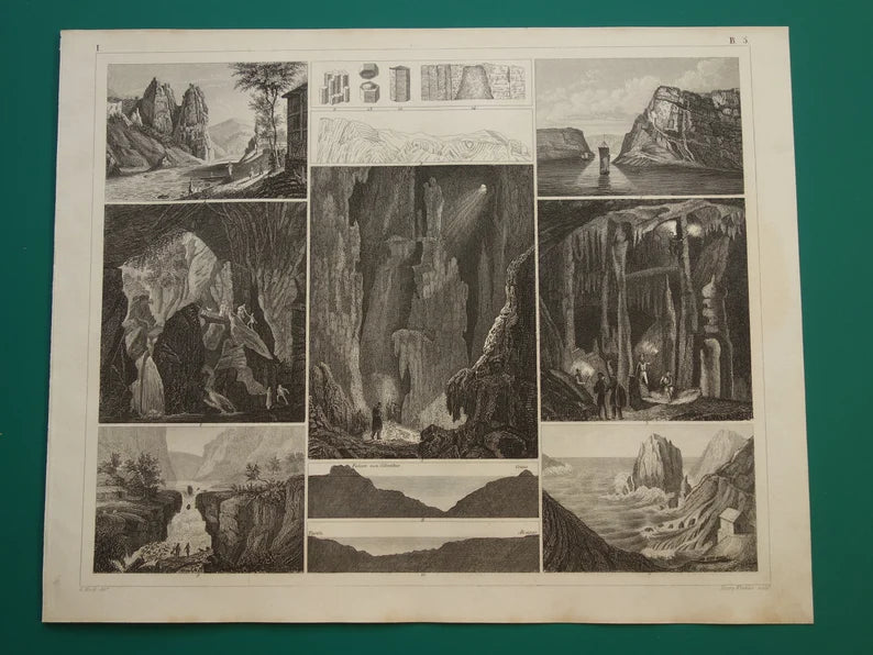 GEOLOGIE Set van drie antieke geologische prenten Watervallen Rotsformaties Geisers Grotten Oude vintage prent print