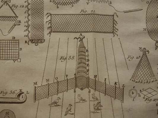 Oude prent over vangen van vogels uit 1751 stroperij vogelnet originele antieke print gravure